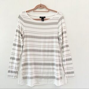White House Black Market White and Gray  Stripe Shimmer Tee Size Small
